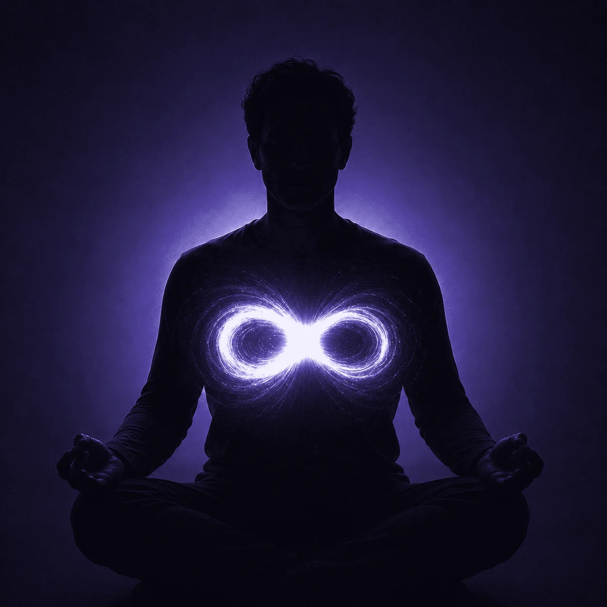 A meditating figure with a glowing infinity sign in the heart