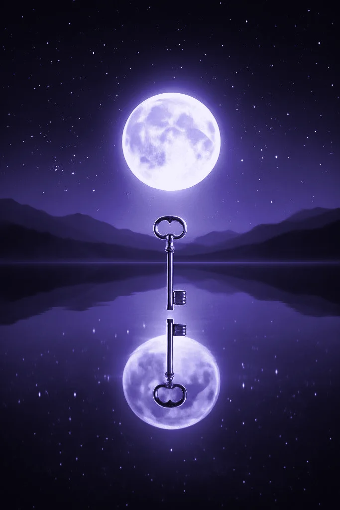 A full moon and a key above still water